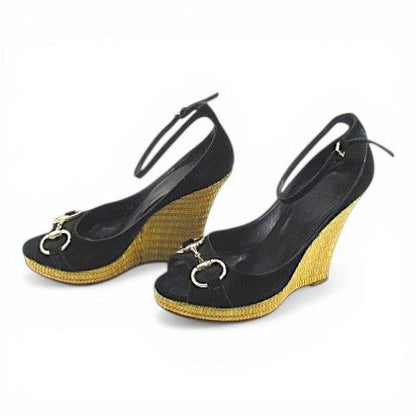 Gucci Sandals Wedge Sole Horsebit Ankle Strap 37.5 Black Suede