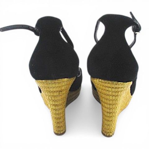 Gucci Sandals Wedge Sole Horsebit Ankle Strap 37.5 Black Suede