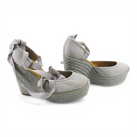 Hermes Sandals Wedge Sole Ribbon Espadrilles Gray 39 Canvas