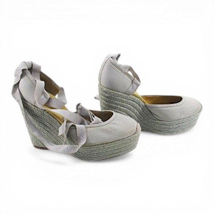 Hermes Sandals Wedge Sole Ribbon Espadrilles Gray 39 Canvas