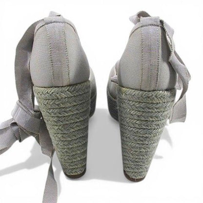 Hermes Sandals Wedge Sole Ribbon Espadrilles Gray 39 Canvas