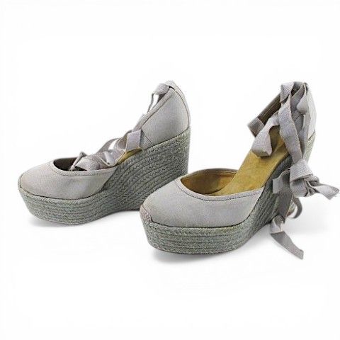 Hermes Sandals Wedge Sole Ribbon Espadrilles Gray 39 Canvas