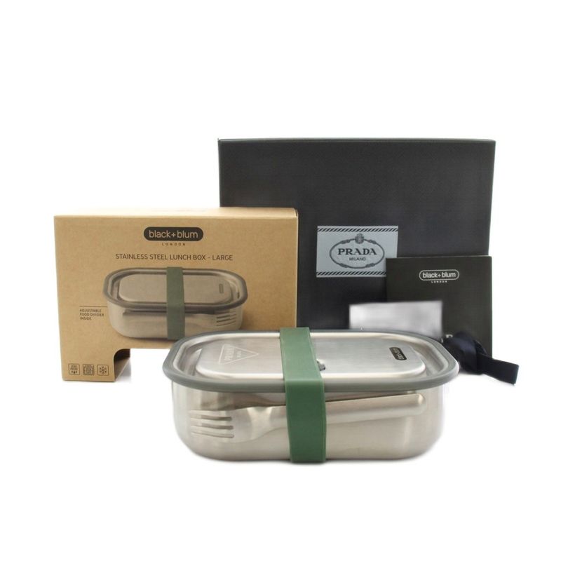 Prada Black Blum Stainless Steel Lunch Box Large Box Large Box with Fork and