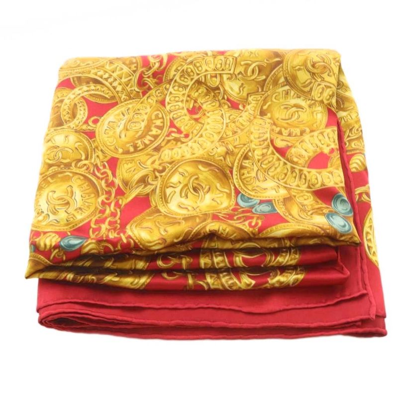 Chanel Vintage Chain Pattern Silk Scarf Red