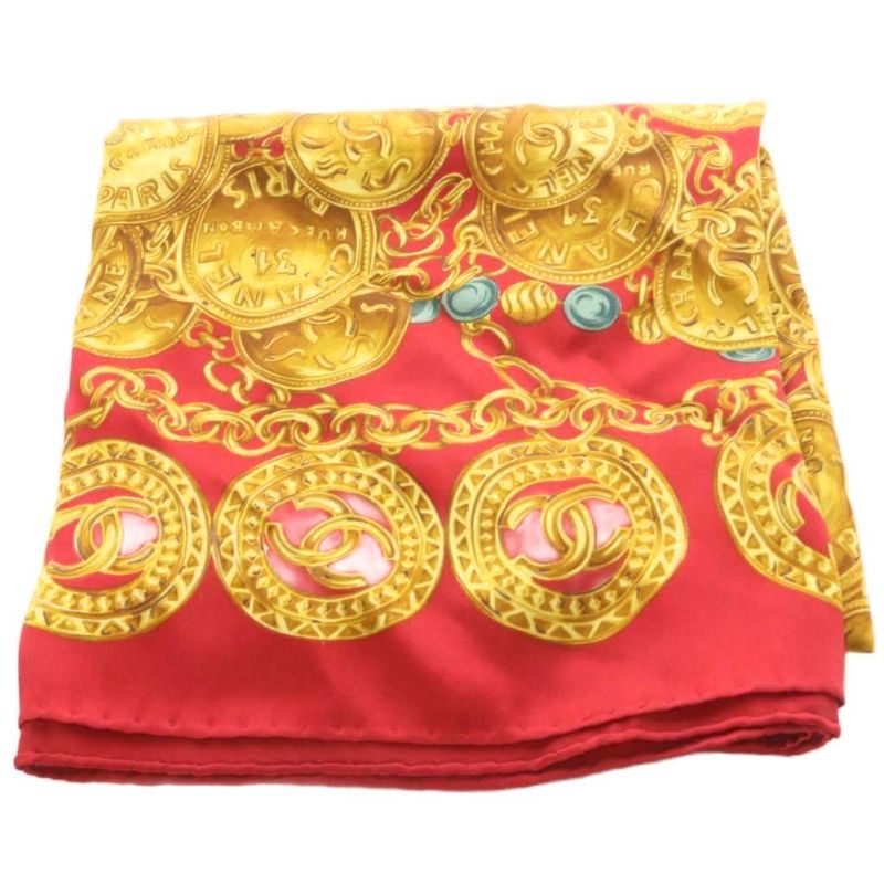 Chanel Vintage Chain Pattern Silk Scarf Red