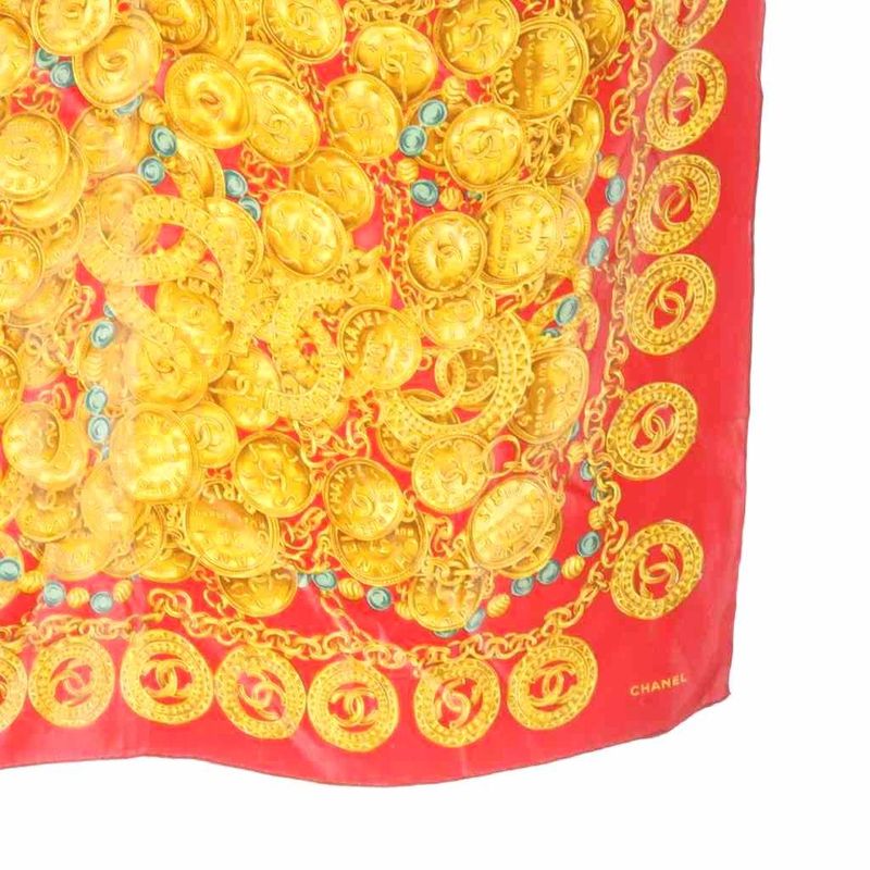 Chanel Vintage Chain Pattern Silk Scarf Red