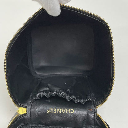 Chanel CC Logo Vanity Bicolor Makeup Pouch Leather Black