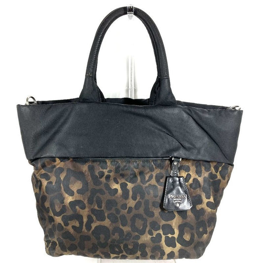 Prada Shoulder Bag Logo Leopard Print Nylon Black