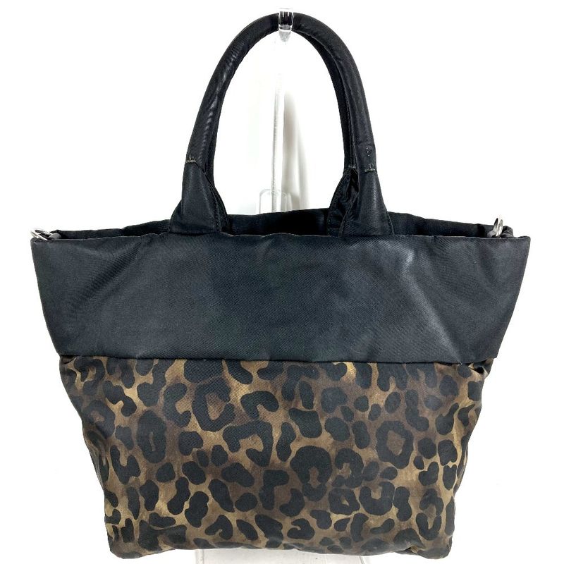Prada Shoulder Bag Logo Leopard Print Nylon Black