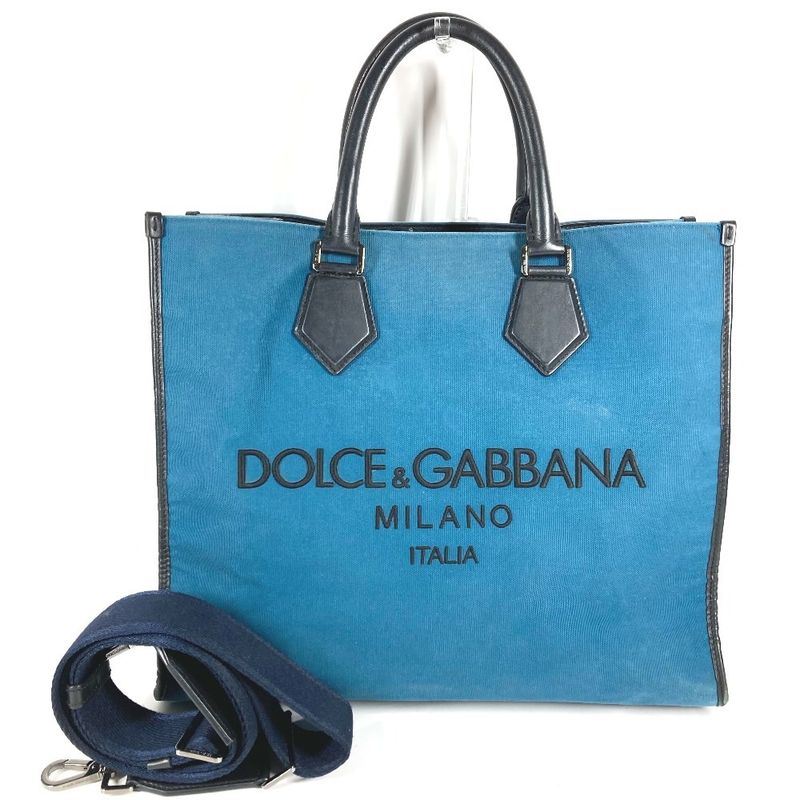 Dolce & Gabbana Shoulder Bag Logo Leather Canvas Blue
