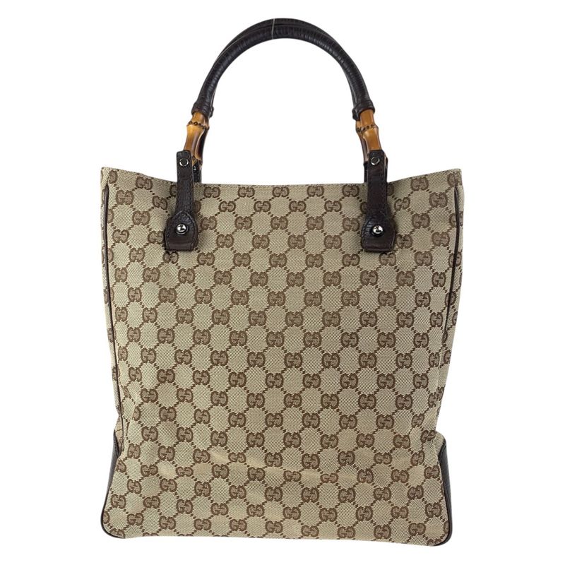 Gucci Bamboo Beige Brown Silver GG Canvas Tote