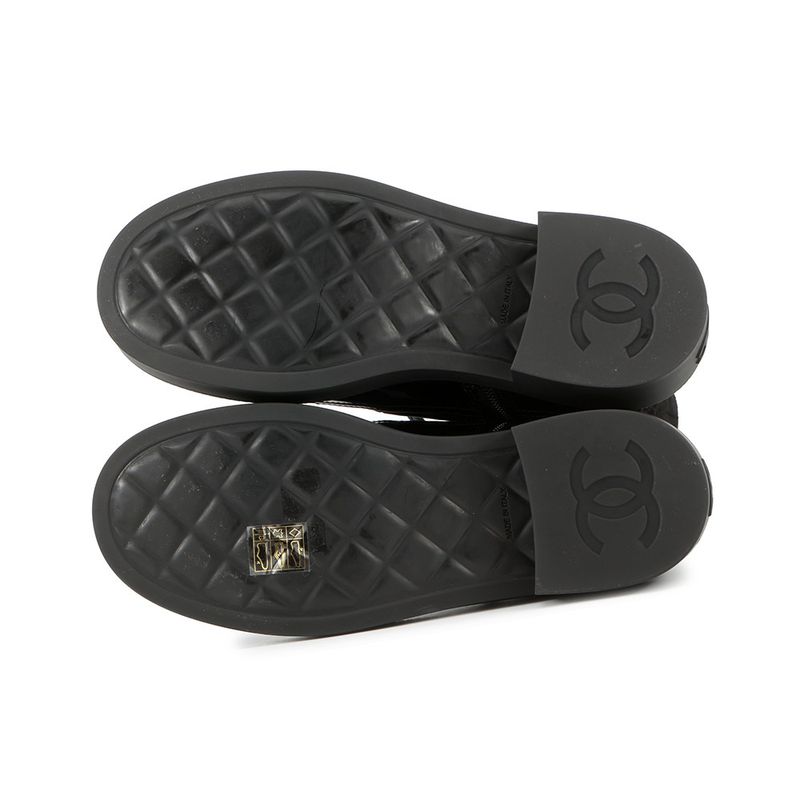 Chanel Short Boots CC Logo Lace Up Nylon Patent 36c Shoes Black