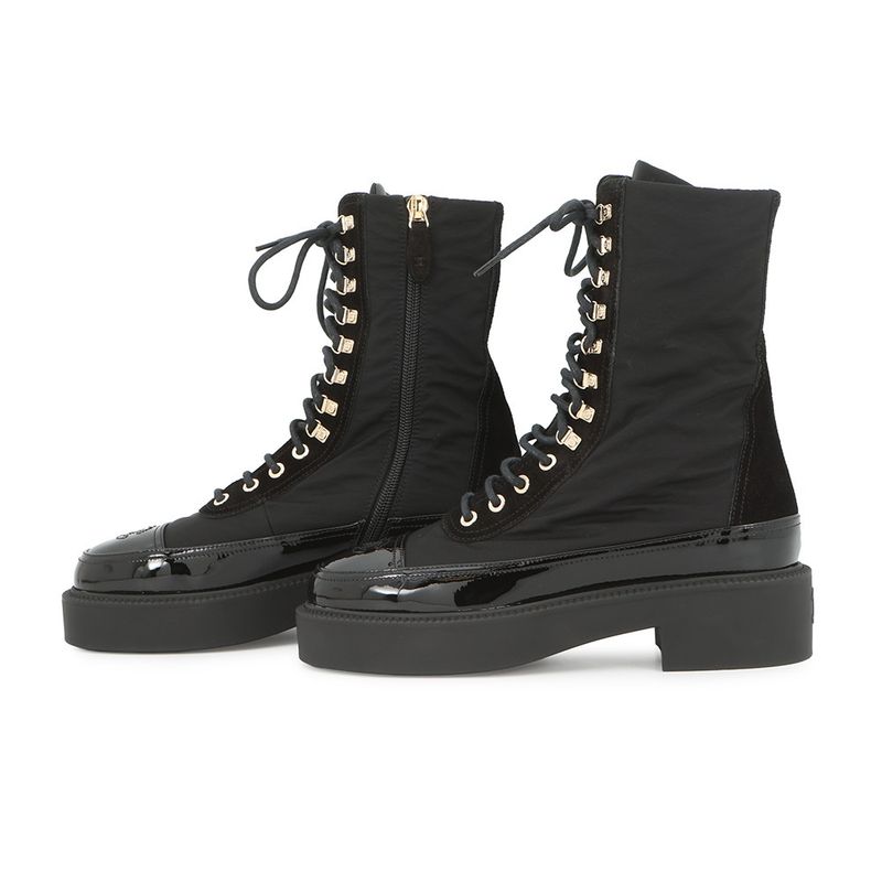 Chanel Short Boots CC Logo Lace Up Nylon Patent 36c Shoes Black
