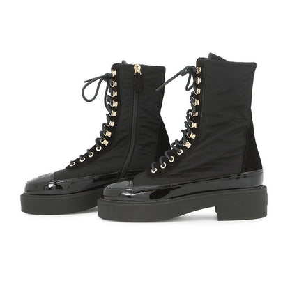 Chanel Short Boots CC Logo Lace Up Nylon Patent 36c Shoes Black