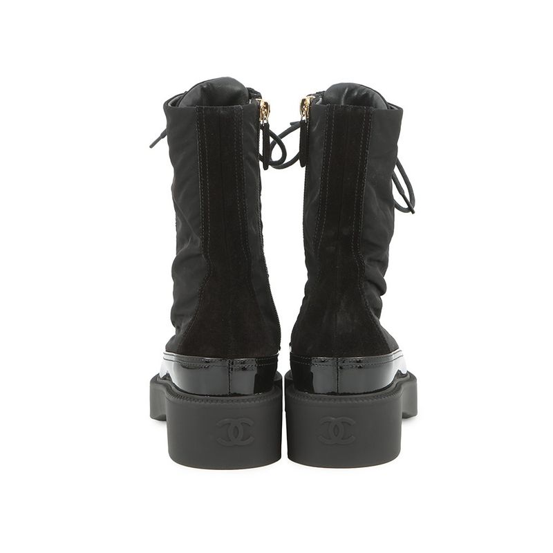 Chanel Short Boots CC Logo Lace Up Nylon Patent 36c Shoes Black