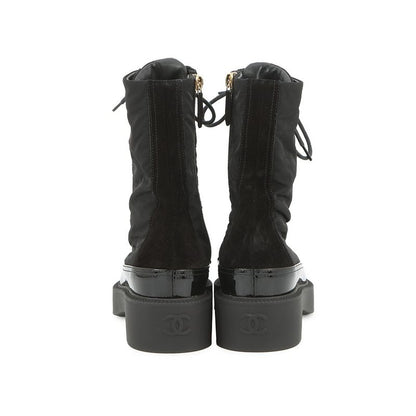 Chanel Short Boots CC Logo Lace Up Nylon Patent 36c Shoes Black