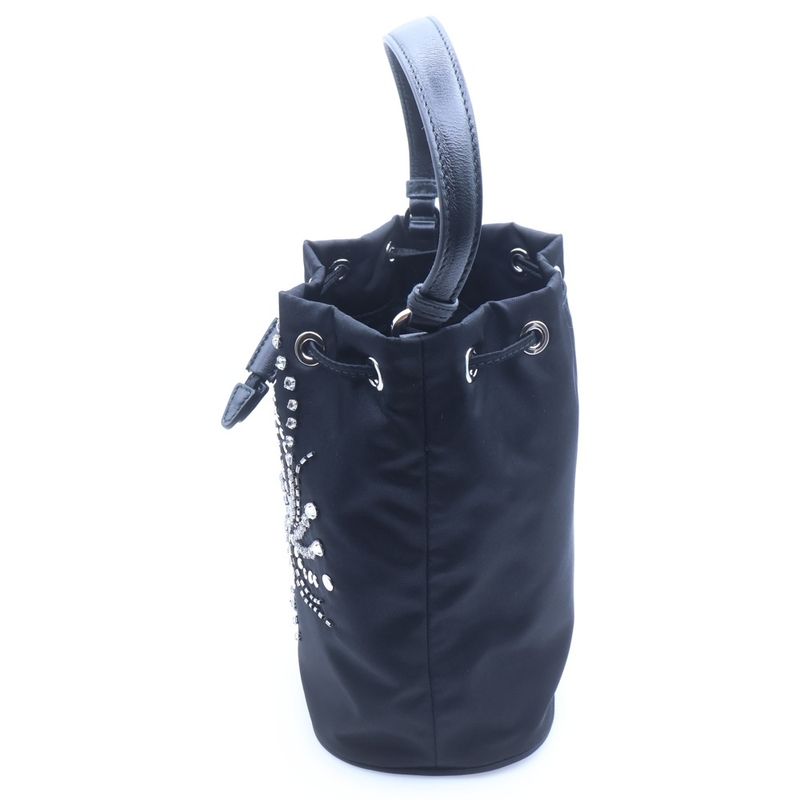 Prada Re-Nylon Triangle Logo Line Stone Bucket Bag 2-Way Black Nylon Silver