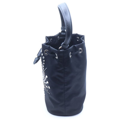 Prada Re-Nylon Triangle Logo Line Stone Bucket Bag 2-Way Black Nylon Silver