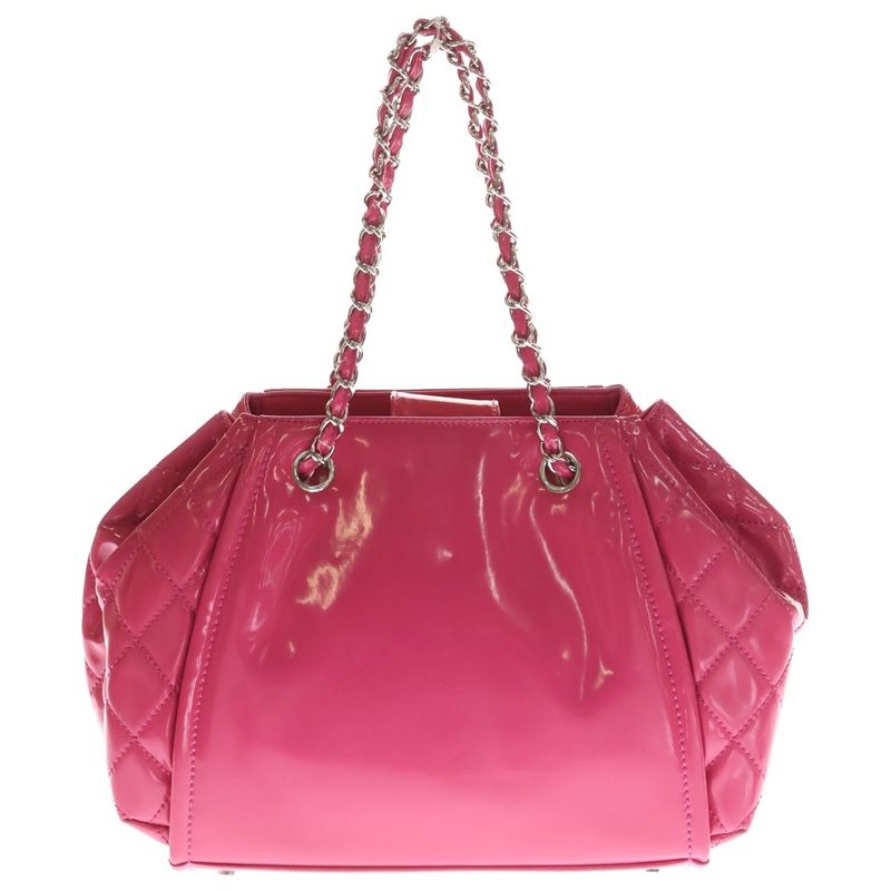 Chanel CC Logo Patent Leather Chain Hand Bag Silver Pink