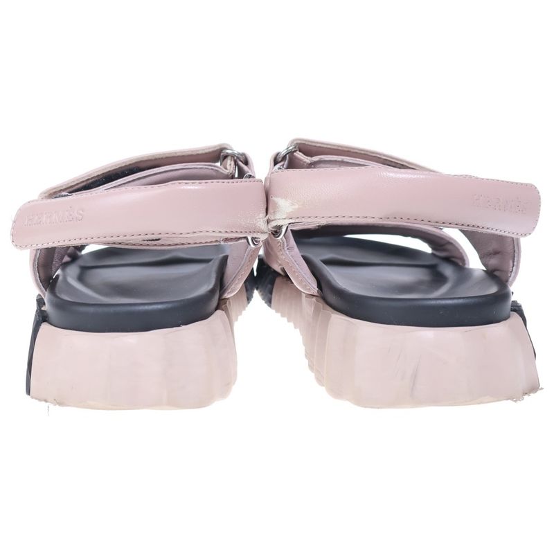 Hermes Junior Hlogo Leather Velcro Flat Sandals Shoes Pink Beige