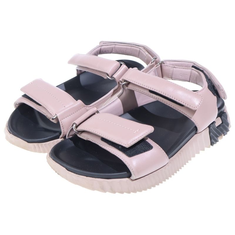 Hermes Junior Hlogo Leather Velcro Flat Sandals Shoes Pink Beige