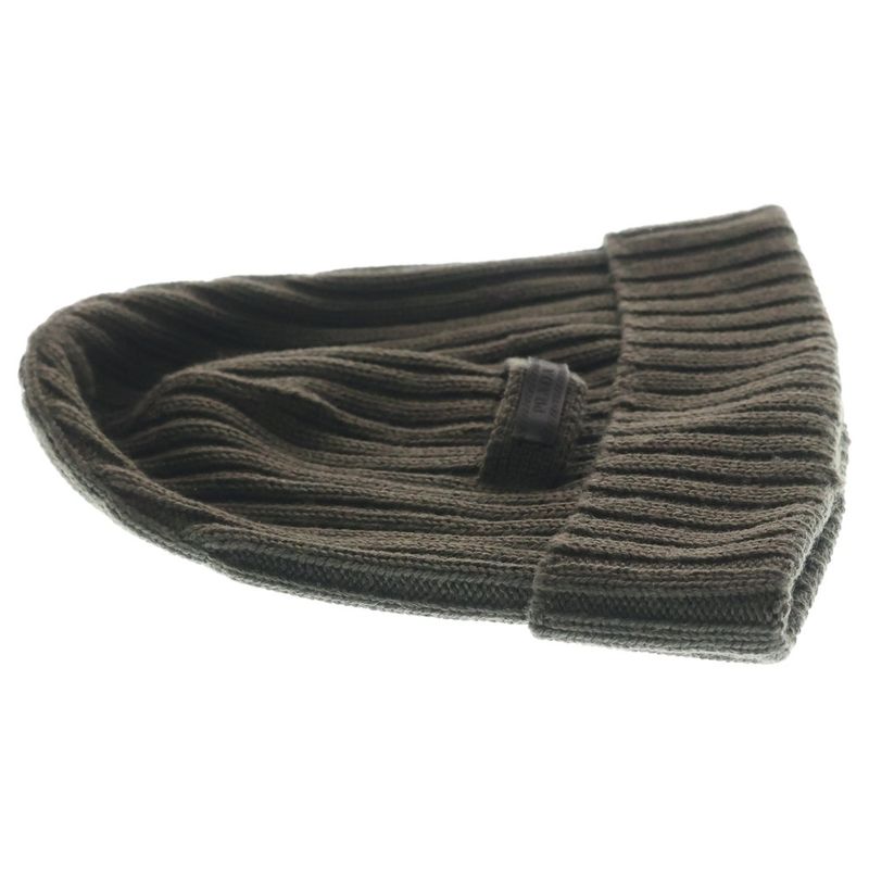 Prada Logo Label Wool Rib Knit Cap Beanie Hat Brown Sweater