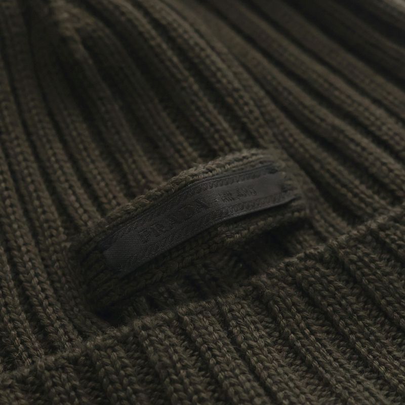 Prada Logo Label Wool Rib Knit Cap Beanie Hat Brown Sweater