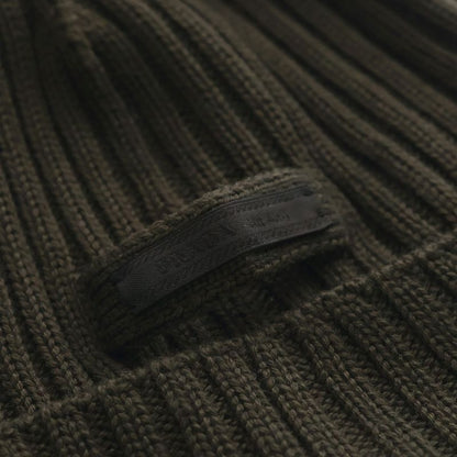 Prada Logo Label Wool Rib Knit Cap Beanie Hat Brown Sweater