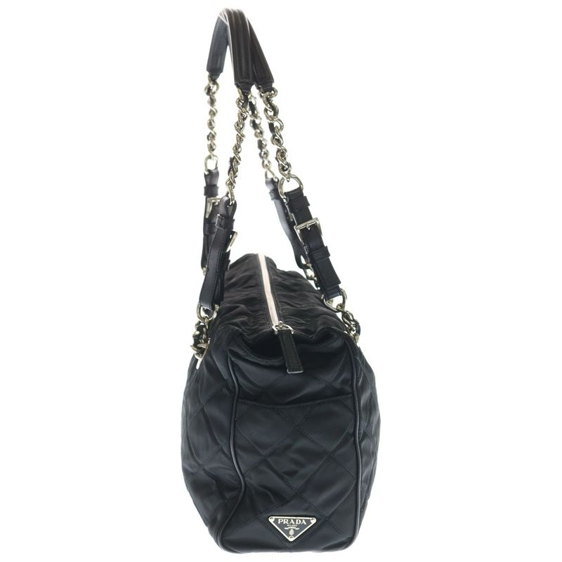 Prada Quilted Side Triangle Logo Chain Tote Black Nylon Tessuto Silver