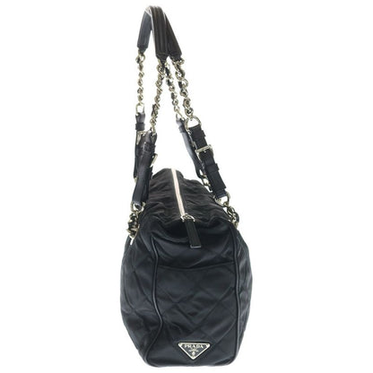 Prada Quilted Side Triangle Logo Chain Tote Black Nylon Tessuto Silver