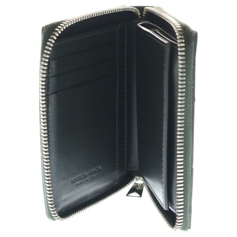 Bottega Veneta Intrecciato Compact Zip Coin Case Mini Wallet Dark Green Leather