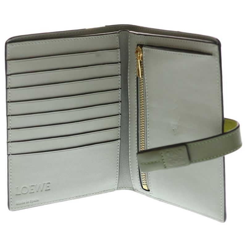 Loewe Vertical Wallet Compact Bifold Coin Case Green Khaki Leather Gold