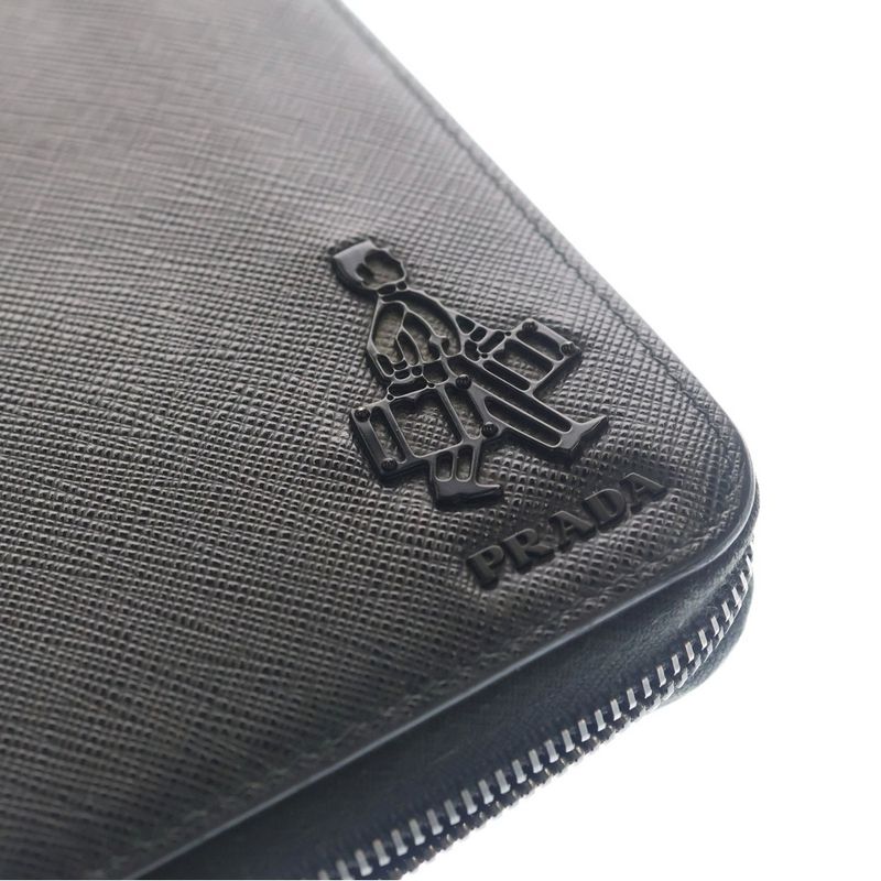 Prada Saffiano Travel Zip Around Wallet Black Leather Silver