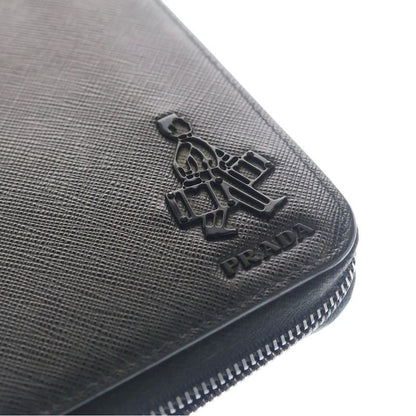 Prada Saffiano Travel Zip Around Wallet Black Leather Silver