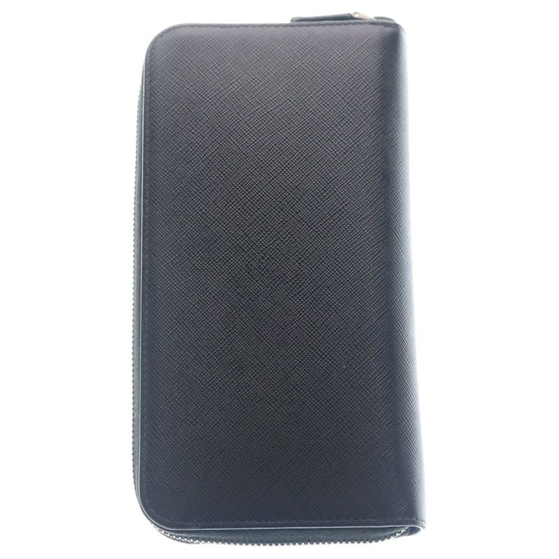 Prada Saffiano Travel Zip Around Wallet Black Leather Silver