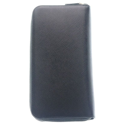 Prada Saffiano Travel Zip Around Wallet Black Leather Silver