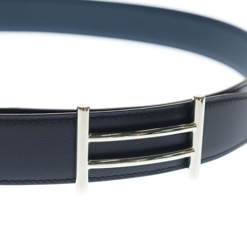 Hermes Rider-h Buckle Leather Belt Reversible Black Navy