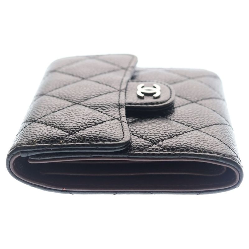 Chanel Quilted Classic Small Flap Wallet Compact Trifold Coin Case Black Caviar
