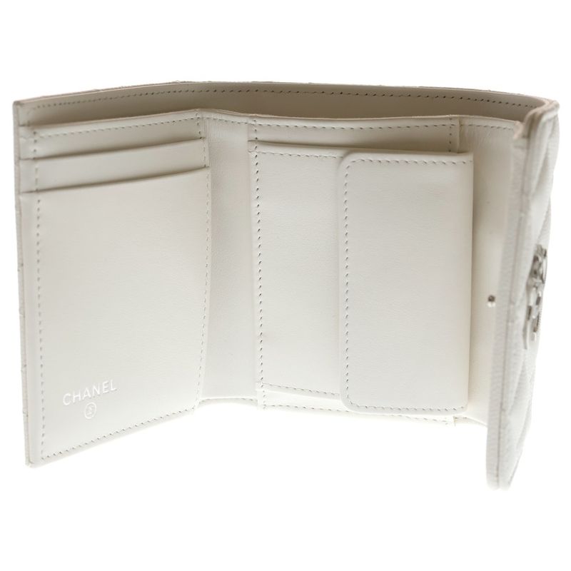 Chanel Quilted Star Logo Small Flap Wallet Trifold Coin Case White Leather