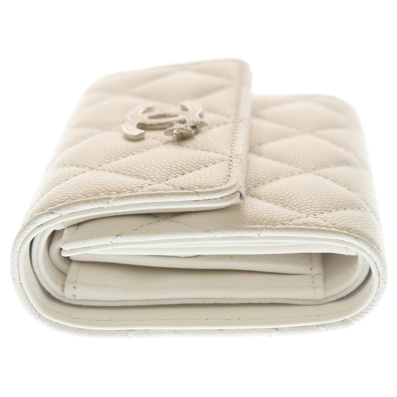 Chanel Quilted Star Logo Small Flap Wallet Trifold Coin Case White Leather