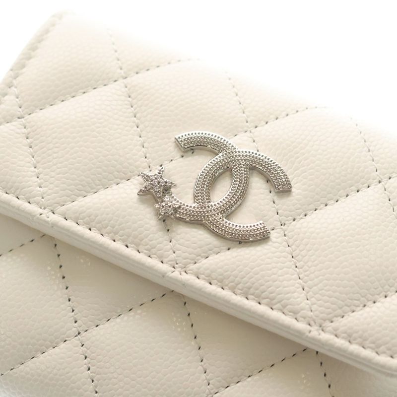 Chanel Quilted Star Logo Small Flap Wallet Trifold Coin Case White Leather
