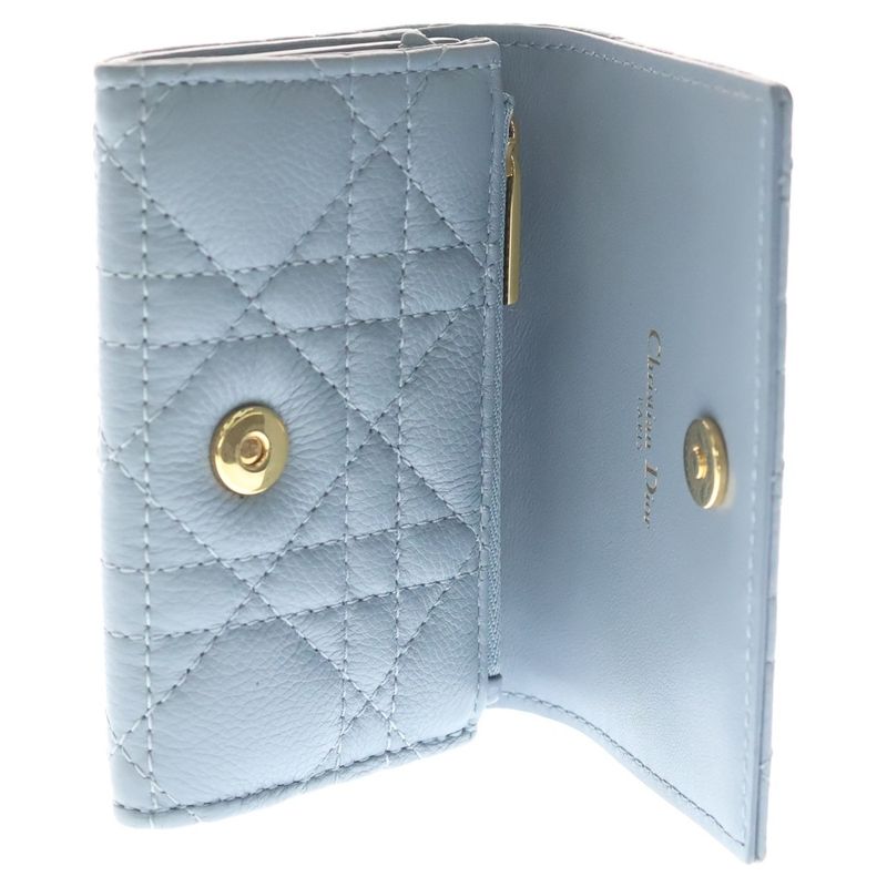 Dior Bifold Coin Case Cannage Business Card Holder Mini Wallet Light Blue
