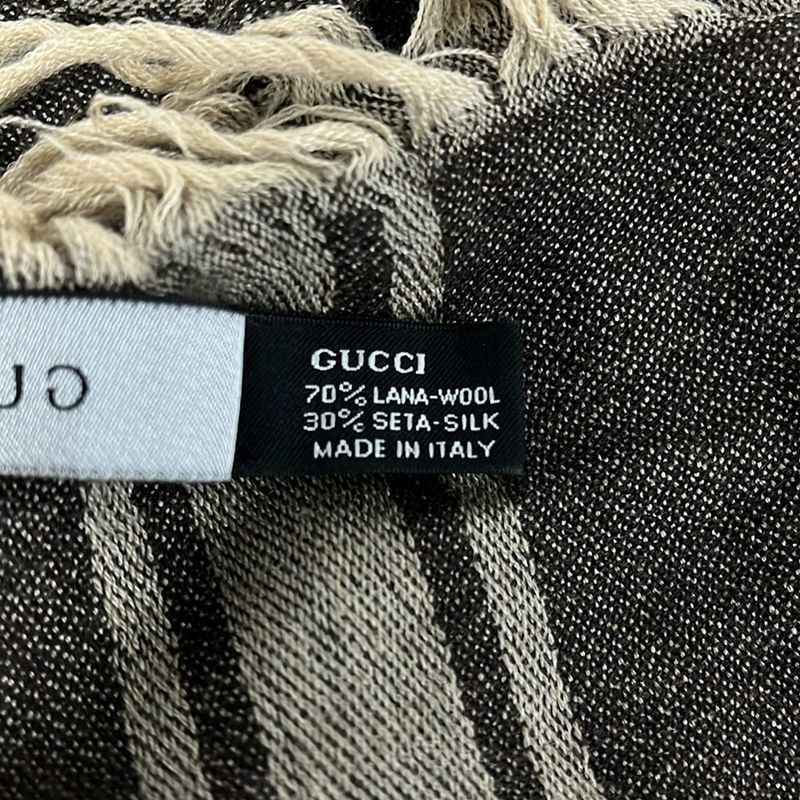 Gucci Shawl Beige Dark Brown GG Pattern Diamante Wool Silk Scarf