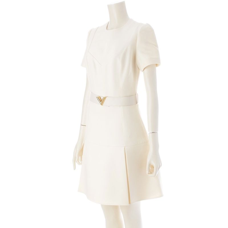 Louis Vuitton Wool Silk V-belt Short Sleeve Dress Ivory 34