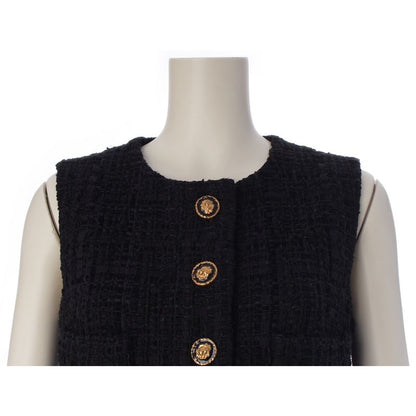 Chanel Cotton Silk Blend Lion Button Sleeveless Dress Black 36