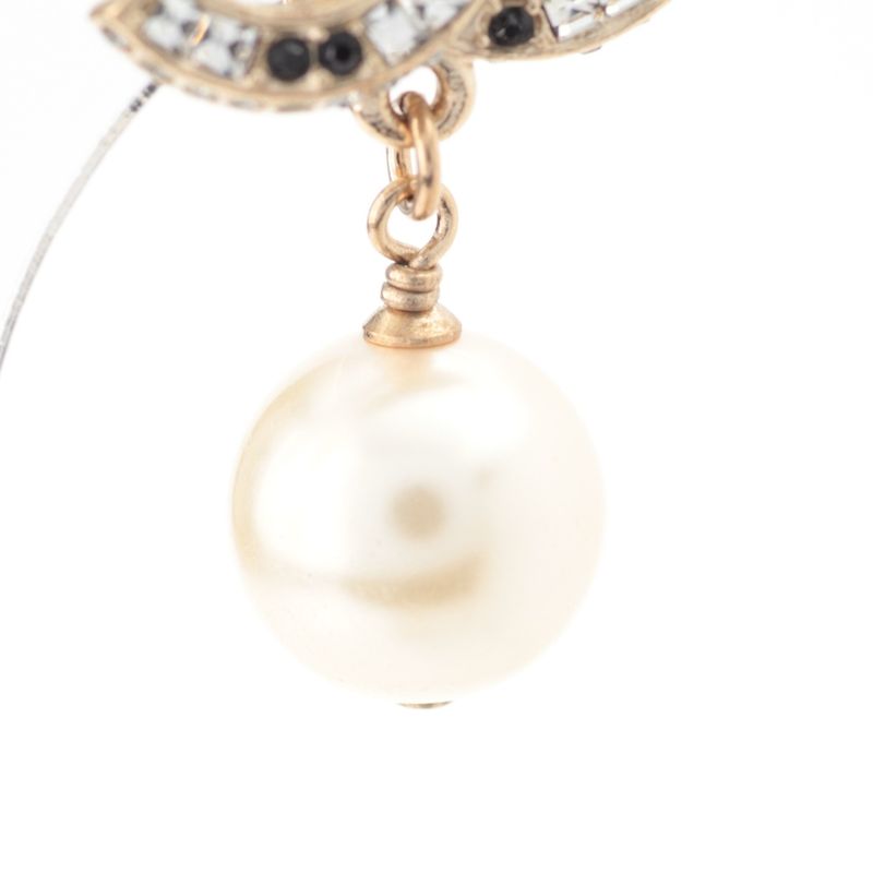 Chanel CC Logo Pearl Line Stone Earrings Gold Black