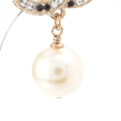 Chanel CC Logo Pearl Line Stone Earrings Gold Black