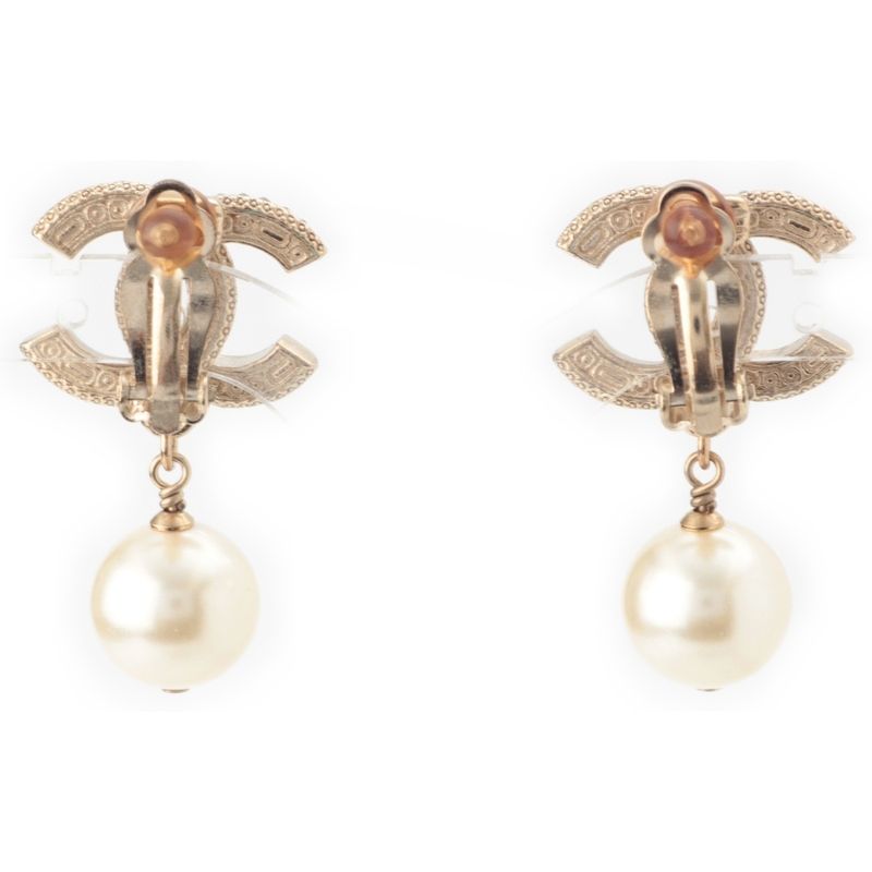 Chanel CC Logo Pearl Line Stone Earrings Gold Black