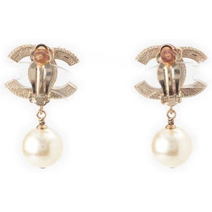 Chanel CC Logo Pearl Line Stone Earrings Gold Black