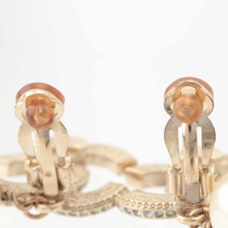 Chanel CC Logo Pearl Line Stone Earrings Gold Black